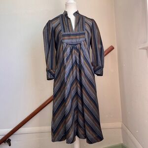 Vintage 70s Midi Dress Multicolor Striped Boho Split Neck Retro 3/4 Sleeves Arty